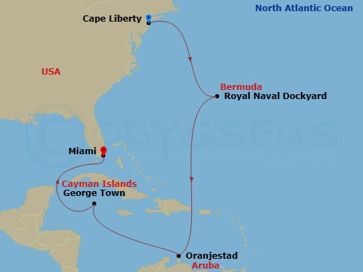 RCL Independence of the Seas - 9 Night - Cape Liberty to Miami Cruise - RCL Independence of the Seas - Starting in Cape Liberty, Nj (Ny Metro), Royal Naval Dockyard, Bermuda, Oranjestad, Ar.. itinerary map