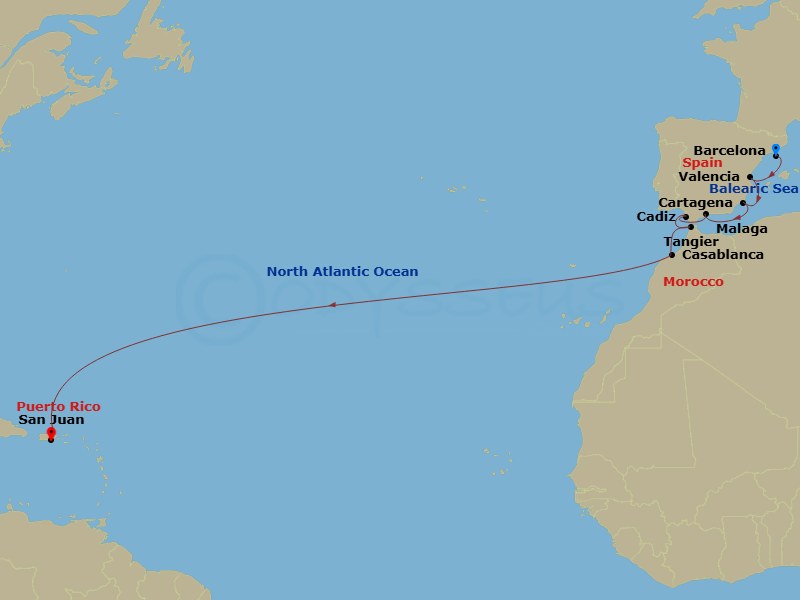 14 Night - Spain & Morocco Transatlantic - Rhapsody of the Seas - Starting in Barcelona, Spain, Valencia, Spain, Cartagena ES, Malaga, Spain, Seville (Cadiz), Spain, Tangier, Morocco, Casablanca, Morocco, San Juan, Puerto Rico itinerary map