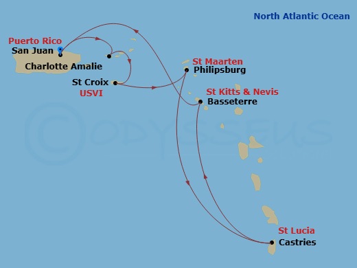 7 Night - Southern Caribbean Cruise - Rhapsody of the Seas - Starting in San Juan, Puerto Rico, Charlotte Amalie, St Thomas, St Croix, US Virgin Islands, Philipsburg, St Maarten, Castries, St Lucia, Basseterre, St Kitts and Nevis, San Juan, Puerto Rico itinerary map