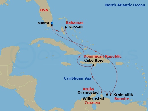RCL Freedom of the Seas - 9 Night - Southern Caribbean Cruise - RCL Freedom of the Seas - Starting in Miami, Florida, Kralendijk, Bonaire, Oranjestad, Aruba, Willemstad AN, Curacao, Ca.. itinerary map