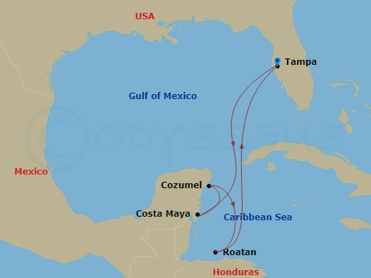RCL Enchantment of the Seas - 7 Night - Western Caribbean Cruise - RCL Enchantment of the Seas - Starting in Tampa, Florida, Puerto Costa Maya, Mexico, Cozumel, Mexico, Roatan, Honduras, T.. itinerary map
