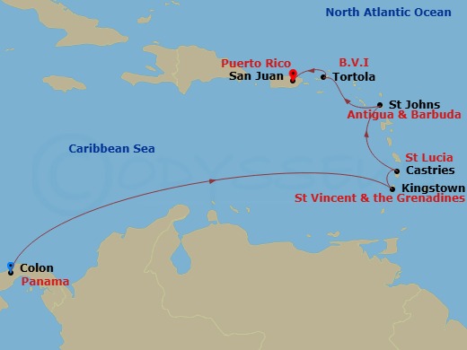 RCL Grandeur of the Seas - 7 Night - Colon to San Juan Cruise - RCL Grandeur of the Seas - Starting in Colon, Panama, Kingstown, St Vincent, Castries, St Lucia, St Johns AG, Antigua, To.. itinerary map