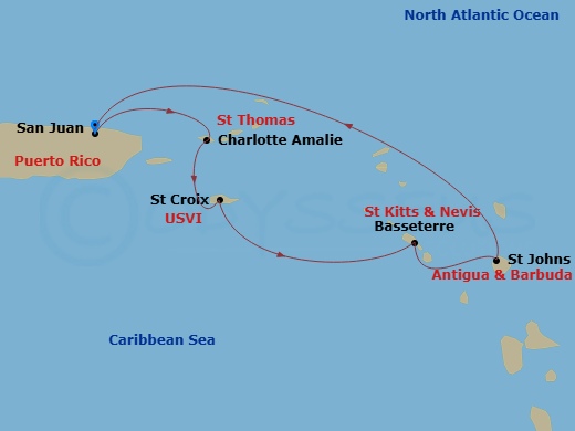 RCL Rhapsody of the Seas - 6 Night - Southern Caribbean Cruise - RCL Rhapsody of the Seas - Starting in San Juan, Puerto Rico, Charlotte Amalie, St Thomas, St Croix, US Virgin Islands,.. itinerary map