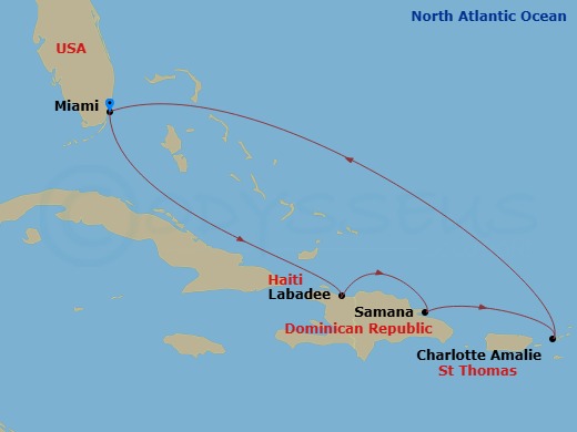 RCL Freedom of the Seas - 7 Night - Eastern Caribbean Cruise - RCL Freedom of the Seas - Starting in Miami, Florida, Labadee, Haiti, Samana, Dominican Republic, Charlotte Amalie, St Th.. itinerary map