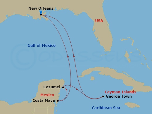 RCL Mariner of the Seas - 8 Night - Western Caribbean Holiday - RCL Mariner of the Seas - Starting in New Orleans, Louisiana, Puerto Costa Maya, Mexico, Cozumel, Mexico, George Town, G.. itinerary map