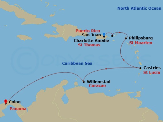 7 Night - San Juan to Colon Cruise - Grandeur of the Seas - Starting in San Juan, Puerto Rico, Charlotte Amalie, St Thomas, Philipsburg, St Maarten, Castries, St Lucia, Willemstad AN, Curacao, Colon, Panama itinerary map