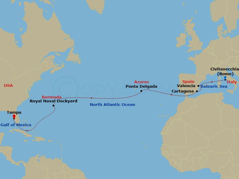 15 Night - Spain & Portugal Transatlantic - Brilliance of the Seas - Starting in Rome (Civitavecchia), Italy, Valencia, Spain, Cartagena ES, Ponta Delgada, Azores, Royal Naval Dockyard, Bermuda, Tampa, Florida itinerary map
