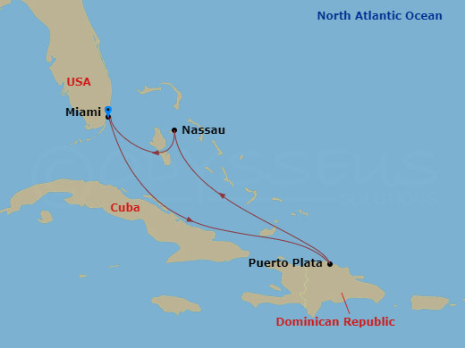 RCL Freedom of the Seas - 5 Night - Eastern Caribbean Getaway - RCL Freedom of the Seas - Starting in Miami, Florida, Puerto Plata, Dominican Republic, Nassau, Bahamas, Miami, Florida itinerary map