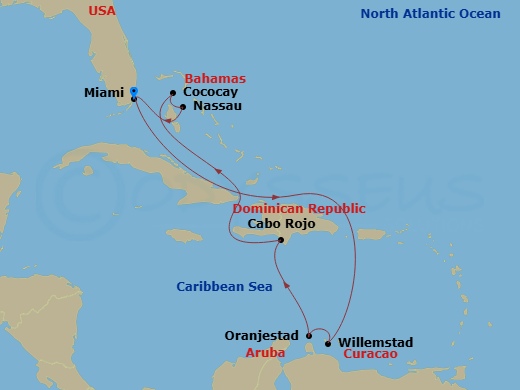 RCL Freedom of the Seas - 9 Night - Perfect Day Cococay & South Carib - RCL Freedom of the Seas - Starting in Miami, Florida, Willemstad AN, Curacao, Oranjestad, Aruba, Cabo Rojo, Domi.. itinerary map