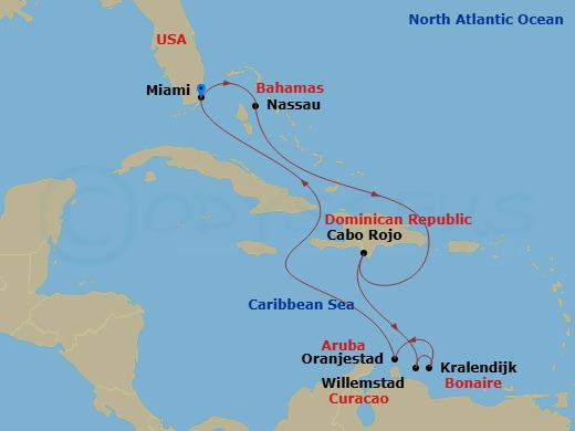 RCL Freedom of the Seas - 9 Night - Perfect Day Cococay & South Carib - RCL Freedom of the Seas - Starting in Miami, Florida, Nassau, Bahamas, Cabo Rojo, Dominican Republic, Willemstad.. itinerary map