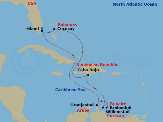 RCL Freedom of the Seas - 9 Night - Perfect Day Cococay & South Carib - RCL Freedom of the Seas - Starting in Miami, Florida, Oranjestad, Aruba, Kralendijk, Bonaire, Willemstad AN, Cur.. itinerary map