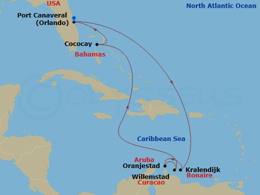 9 Night - Perfect Day Cococay & South Carib - Adventure of the Seas - Starting in Orlando (Port Canaveral), Fl, Kralendijk, Bonaire, Oranjestad, Aruba, Willemstad AN, Curacao, Perfect Day Cococay, Bahamas, Orlando (Port Canaveral), Fl itinerary map
