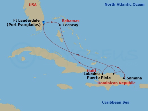 RCL Explorer of the Seas - 7 Night - Perfect Day Cococay & East Carib - RCL Explorer of the Seas - Starting in Fort Lauderdale, Florida, Perfect Day Cococay, Bahamas, Labadee, Haiti, Sa.. itinerary map