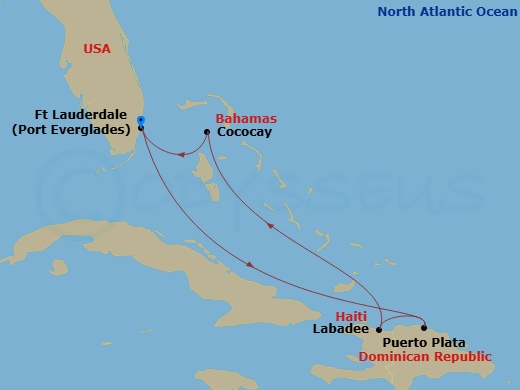 RCL Explorer of the Seas - 6 Night - Perfect Day Cococay & East Carib - RCL Explorer of the Seas - Starting in Fort Lauderdale, Florida, Puerto Plata, Dominican Republic, Labadee, Haiti.. itinerary map