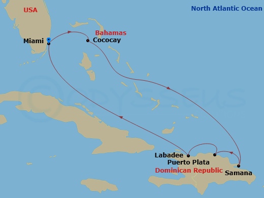 RCL Allure of the Seas - 7 Night - Perfect Day Cococay & East Carib - RCL Allure of the Seas - Starting in Miami, Florida, Perfect Day Cococay, Bahamas, Samana, Dominican Republic, Pu.. itinerary map