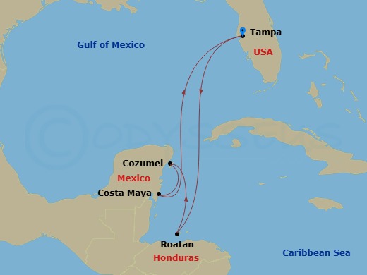 7 Night - Western Caribbean Cruise - Brilliance of the Seas - Starting in Tampa, Florida, Roatan, Honduras, Cozumel, Mexico, Puerto Costa Maya, Mexico, Tampa, Florida itinerary map