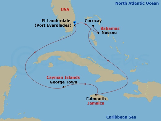 RCL Explorer of the Seas - 8 Night - Perfect Day Cococay & West Carib - RCL Explorer of the Seas - Starting in Fort Lauderdale, Florida, Nassau, Bahamas, Perfect Day Cococay, Bahamas, F.. itinerary map