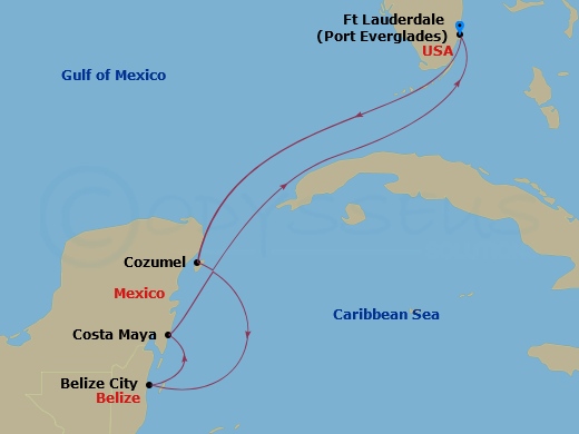RCL Explorer of the Seas - 6 Night - Western Caribbean Cruise - RCL Explorer of the Seas - Starting in Fort Lauderdale, Florida, Cozumel, Mexico, Belize City, Belize, Puerto Costa Maya,.. itinerary map
