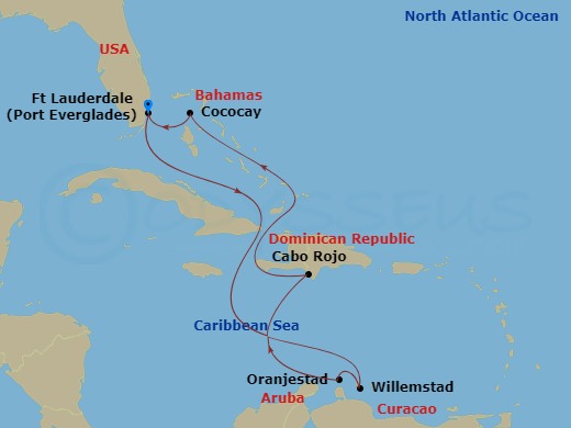 RCL Allure of the Seas - 8 Night - Perfect Day Cococay & South Carib - RCL Allure of the Seas - Starting in Fort Lauderdale, Florida, Willemstad AN, Curacao, Oranjestad, Aruba, Cabo R.. itinerary map