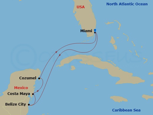 RCL Independence of the Seas - 7 Night - Western Caribbean Holiday - RCL Independence of the Seas - Starting in Miami, Florida, Belize City, Belize, Puerto Costa Maya, Mexico, Cozumel, Mexi.. itinerary map