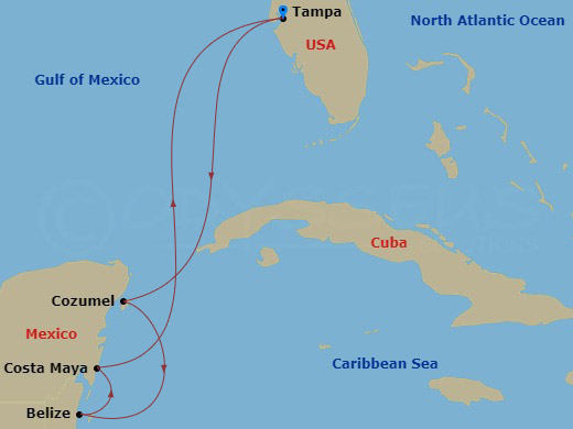 RCL Brilliance of the Seas - 7 Night - Western Caribbean Cruise - RCL Brilliance of the Seas - Starting in Tampa, Florida, Cozumel, Mexico, Belize City, Belize, Puerto Costa Maya, Mexico,.. itinerary map