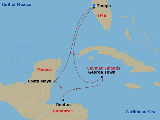 RCL Enchantment of the Seas - 7 Night - Western Caribbean Cruise - RCL Enchantment of the Seas - Starting in Tampa, Florida, Puerto Costa Maya, Mexico, Roatan, Honduras, George Town, Grand.. itinerary map