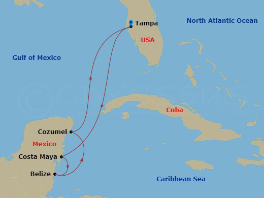 RCL Enchantment of the Seas - 7 Night - Western Caribbean Cruise - RCL Enchantment of the Seas - Starting in Tampa, Florida, Puerto Costa Maya, Mexico, Belize City, Belize, Cozumel, Mexico.. itinerary map