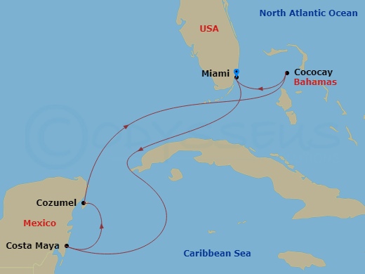 Independence of the Seas - 7 Night - Perfect Day Cococay & West Carib - Independence of the Seas - Starting in Miami, Florida, Puerto Costa Maya, Mexico, Cozumel, Mexico, Perfect Day Co.. itinerary map