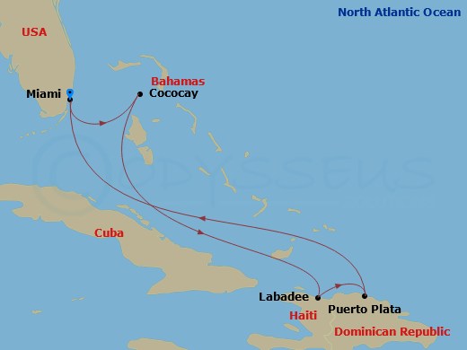 RCL Allure of the Seas - 6 Night - Perfect Day Cococay & East Carib - RCL Allure of the Seas - Starting in Miami, Florida, Perfect Day Cococay, Bahamas, Labadee, Haiti, Puerto Plata,.. itinerary map