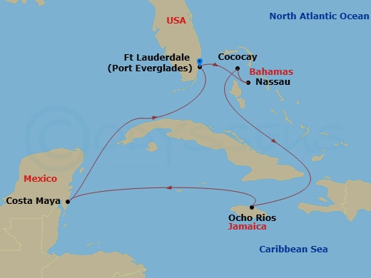 Explorer of the Seas - 8 Night - Perfect Day Cococay & West Carib - Explorer of the Seas - Starting in Fort Lauderdale, Florida, Nassau, Bahamas, Perfect Day Cococay, Bahamas, Ocho.. itinerary map