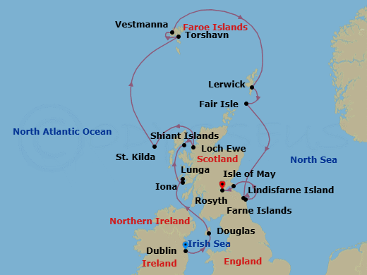 11 Night - Dublin to Rosyth - Silver Wind - Starting in Dublin, Isle of Man (Douglas), Lunga, Iona, Shiant Islands, Scotland, Loch Ewe, St Kilda, Torshavn, Faroe Islands, Vestmanna, Faroe Islands, Lerwick, Shetland Islands, Scotland, Fair Isle, Scotland, Lindisfarne Island, Farne Islands, Isle of May, Rosyth (Edinburgh), Scotland itinerary map