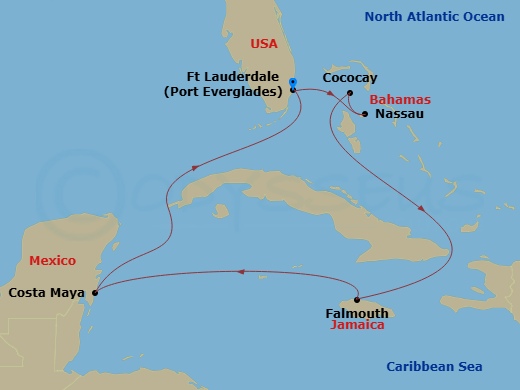 8 Night - Perfect Day Cococay & West Carib - Explorer of the Seas - Starting in Fort Lauderdale, Florida, Nassau, Bahamas, Perfect Day Cococay, Bahamas, Falmouth, Jamaica, Puerto Costa Maya, Mexico, Fort Lauderdale, Florida itinerary map