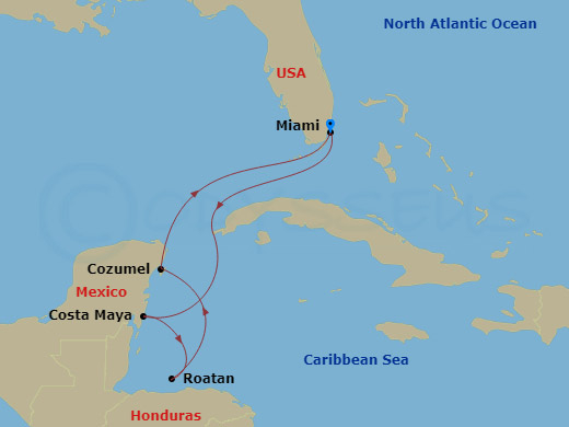 RCL Legend of the Seas - 7 Night - Western Caribbean Holiday - RCL Legend of the Seas - Starting in Fort Lauderdale, Florida, Puerto Costa Maya, Mexico, Roatan, Honduras, Cozumel, Mex.. itinerary map