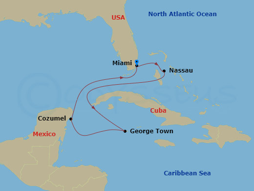 RCL Independence of the Seas - 7 Night - Western Caribbean Cruise - RCL Independence of the Seas - Starting in Miami, Florida, Nassau, Bahamas, George Town, Grand Cayman, Cozumel, Mexico, M.. itinerary map
