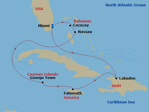 RCL Independence of the Seas - 8 Night - Perfect Day Cococay Holiday - RCL Independence of the Seas - Starting in Miami, Florida, Perfect Day Cococay, Bahamas, Nassau, Bahamas, George Town,.. itinerary map