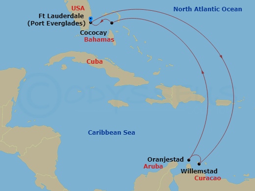 RCL Allure of the Seas - 8 Night - Perfect Day Cococay & South Carib - RCL Allure of the Seas - Starting in Fort Lauderdale, Florida, Willemstad AN, Curacao, Oranjestad, Aruba, Perfec.. itinerary map