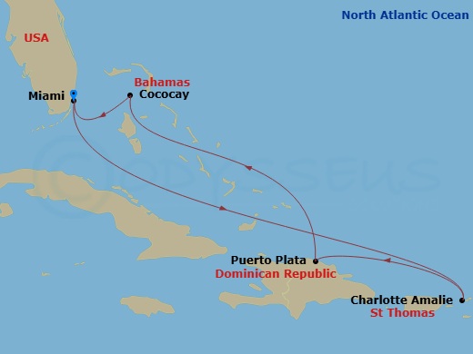 RCL Independence of the Seas - 7 Night - Perfect Day Cococay & East Carib - RCL Independence of the Seas - Starting in Miami, Florida, Charlotte Amalie, St Thomas, Puerto Plata, Dominican R.. itinerary map