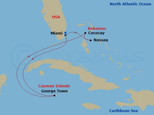 RCL Independence of the Seas - 6 Night - Perfect Day Cococay & West Carib - RCL Independence of the Seas - Starting in Miami, Florida, Nassau, Bahamas, Perfect Day Cococay, Bahamas, George.. itinerary map