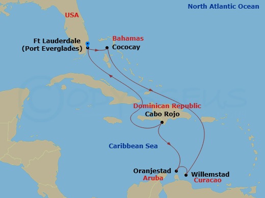 9 Night - Perfect Day Cococay & Carib Holiday - Legend of the Seas - Starting in Fort Lauderdale, Florida, Perfect Day Cococay, Bahamas, Willemstad AN, Curacao, Oranjestad, Aruba, Cabo Rojo, Dominican Republic, Fort Lauderdale, Florida itinerary map