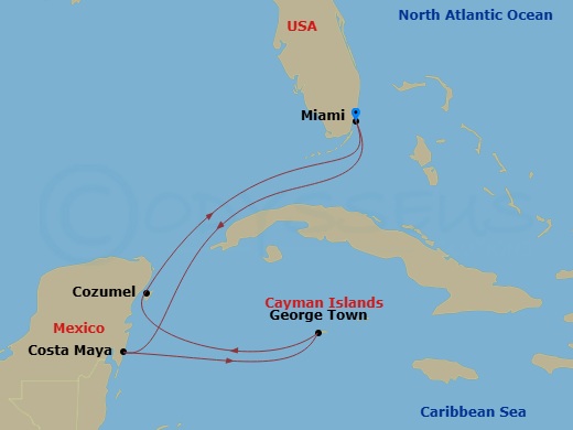 Independence of the Seas - 7 Night - Western Caribbean Cruise - Independence of the Seas - Starting in Miami, Florida, Puerto Costa Maya, Mexico, George Town, Grand Cayman, Cozumel, Mex.. itinerary map