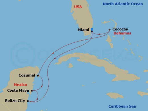 RCL Independence of the Seas - 7 Night - Perfect Day Cococay & West Carib - RCL Independence of the Seas - Starting in Miami, Florida, Belize City, Belize, Puerto Costa Maya, Mexico, Cozume.. itinerary map