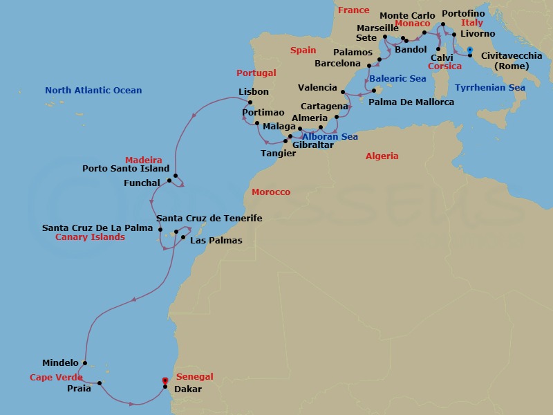 30 Night - Ultimate Voyage : Mediterranean Rivieras & Atlantic Gems : Italy to Africa - Scenic Ikon - Starting in Civitavecchia (Rome), Italy, Livorno, Italy, Portofino, Italy, Calvi, Corsica, France, Monte Carlo, Monaco, Bandol, France / Marseille, France, Marseille, France, Sete, France, Palamos, Spain / Barcelona, Spain, Barcelona, Spain, Palma De Mallorca, Spain, Valencia, Spain, Cartagena ES, Almeria, Spain, Malaga, Spain, Gibraltar, United Kingdom, Tangier, Morocco, Portimao, Portugal, Lisbon, Portugal, Porto Santo, Madeira, Portugal / Funchal, Portugal, Funchal, Madeira, Portugal, Santa Cruz de la Palma, Canary Islands, Spain, Las Palmas de Gran Canaria, Canary Islands, Spain, Santa Cruz de Tenerife, Canary Islands, Spain, Mindelo, Sao Vicente Island, Cape Verde, Praia, Santiago Island, Cape Verde, Dakar, Senegal itinerary map