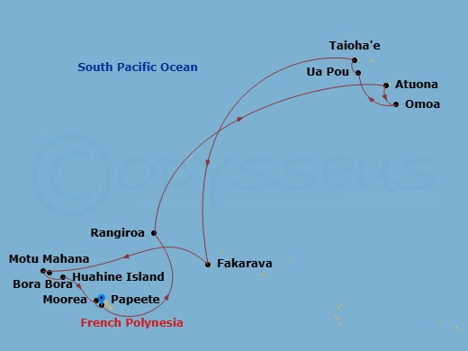 14 Night - Marquesas, the Tuamotus & Society Islands - MS Paul Gauguin - Starting in Papeete, Tahiti Island, Rangiroa, Tuamotu Islands, Atuona, Hiva Oa Island, Omoa, Fatu Hiva Island, Hakahetau, Ua Pou Island, Taiohae, Nuku Hiva Island, Fakarava, Tuamotu Islands, Bora Bora, Society Islands, Motu Mahana, Tahaa Island, Society Islands, Huahine, Society Islands, Moorea Island, Papeete, Tahiti Island itinerary map