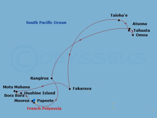 14 Night - Marquesas, the Tuamotus & Society Islands - MS Paul Gauguin - Starting in Papeete, Tahiti Island, Rangiroa, Tuamotu Islands, Atuona, Hiva Oa Island, Omoa, Fatu Hiva Island, Hapatoni, Tahuata Island, Taiohae, Nuku Hiva Island, Fakarava, Tuamotu Islands, Bora Bora, Society Islands, Motu Mahana, Tahaa Island, Society Islands, Huahine, Society Islands, Moorea Island, Papeete, Tahiti Island itinerary map