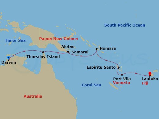 MS Paul Gauguin - 17 Night - An Escapade in the Heart of Melanesia - MS Paul Gauguin - Starting in Darwin, Thursday Island, Alotau, Samarai Island, Honiara, Guadalcanal Island,.. itinerary map