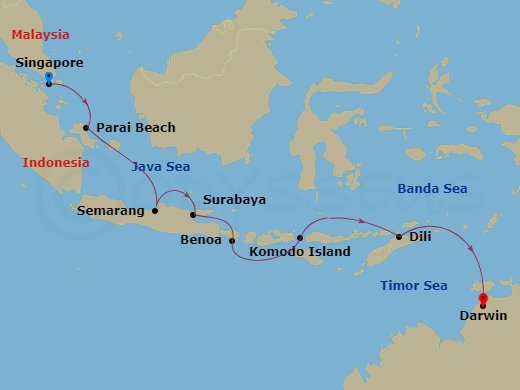 13 Night - Indonesia's Sacred Temples and Natural Sanctuaries - MS Paul Gauguin - Starting in Singapore, Parai Beach, Semarang, Surabaya, Java, Benoa, Bali, Komodo National Park, Dili, Darwin itinerary map
