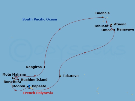 14 Night - Marquesas, the Tuamotus & Society Islands - MS Paul Gauguin - Starting in Papeete, Tahiti Island, Fakarava, Tuamotu Islands, Hanavave (Bay of Virgins), Fatu Hiva Island, Omoa, Fatu Hiva Island, Atuona, Hiva Oa Island, Hapatoni, Tahuata Island, Taiohae, Nuku Hiva Island, Rangiroa, Tuamotu Islands, Bora Bora, Society Islands, Huahine, Society Islands, Motu Mahana, Tahaa Island, Society Islands, Moorea Island, Papeete, Tahiti Island itinerary map
