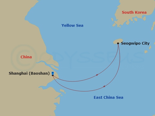 RCL Spectrum of the Seas - 4 Night - Jeju Cruise - RCL Spectrum of the Seas - Starting in Shanghai (Baoshan), China, Jeju (Seogwipo), South Korea, Shanghai (Baoshan), China itinerary map