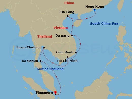 15 Night - Hong Kong Highlights Pre Cruisetour - Norwegian Jade Tours - Starting in At Hotel, Hong Kong, China, Hanoi / Ha Long Bay, Viet Nam, Chan May, Viet Nam, Cam Ranh, Viet Nam, Phu My / Ho Chi Minh City, Viet Nam, Laem Chabang, Thailand, Ko Samui, Thailand, Singapore itinerary map