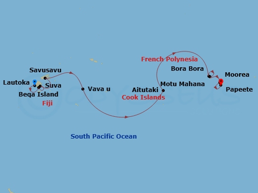 13 Night - Fiji, Tonga, Cook Islands and Society Islands - MS Paul Gauguin - Starting in Lautoka, Viti Levu Island, Beqa Island, Suva, Viti Levu Island, Savusavu, Vanua Levu Island, Vavau Islands, Aitutaki, Bora Bora, Society Islands, Motu Mahana, Tahaa Island, Society Islands, Moorea Island, Papeete, Tahiti Island itinerary map